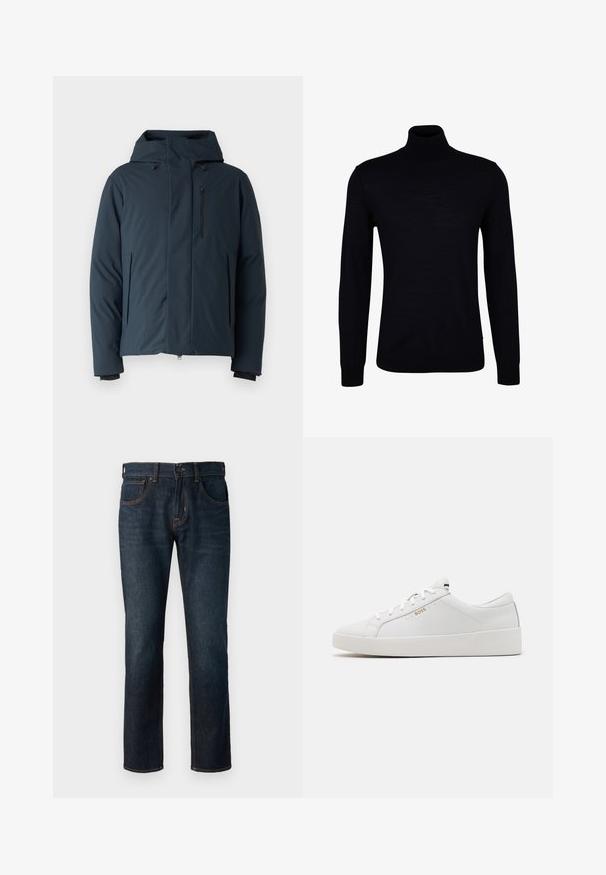 Dark blue padded jacket featuring a hood, zippered front pockets, and a black zip closure. Smooth texture with minimal design elements.; Black turtleneck sweater in a smooth knit fabric. Features long sleeves, a fitted neck, and ribbed cuffs and hem for a snug fit.; Dark blue denim jeans with a straight cut. Features include a button and zipper closure, five pockets, and contrasting stitching.; BOSS BELWAR - Trainers - white