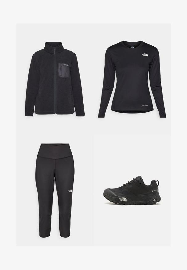 Črno flis jakno z visokim ovratnikom, z zadrgo in strukturirano površino. Ima žep na prsih z gladkim materialom.; The North Face SHADOW LONG SLEEVE - Majica z dolgimi rokavi - black; Črne capri legice iz raztegljive tkanine, z visokim pasom in majhnim belim logotipom na levi strani. Gladka tekstura.; Črne pohodne čevlje z teksturirano zgornjim delom, vezalnim zapiranjem in masivnim gumijastim podplatom, ki ima opazen logotip na strani in vzorce profila.