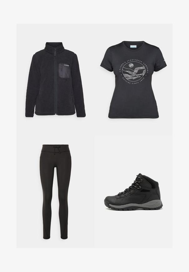 Mustapintainen fleece-takki, jossa on korkea kaulus, vetoketjukiinnitys ja teksturoitu pinta. Takissa on rinta-tasku, jossa on sileä kangaspaneeli.; Musta Columbia T-paita, jossa on valkoinen ympyrämuotoinen vuori- ja joki-viivataide sekä teksti "Columbia Sportswear Company Ulkona vuodesta 1938."; Mustat legginsit, joissa on korkea vyötärö, nauhakuja, sileä pinta ja istuva muotoilu. Sivussa on ompeluyksityiskohtia.; Musta vaelluskenkä, jossa on puolivartinen muotoilu, jolle on ominaista teksturoitu päällinen, harmaat yksityiskohdat ja kestävä kumipohja, jossa on pitoita lisääviä lukuja.