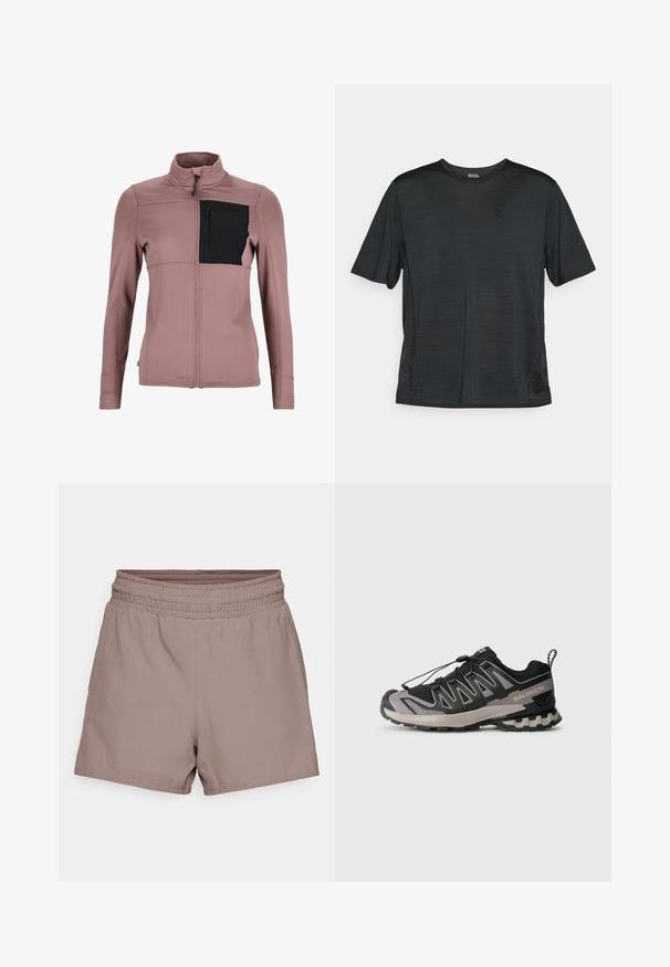 Strakke, lange mouwen jas in licht mauve met een textuurstof en een zwarte borstzak. Hoge kraag met een ritssluiting aan de voorkant.; Zwart athletic shirt met korte mouwen, gemaakt van lichtgewicht, vochtregulerende stof. Voorzien van een ronde hals en een klein logo op de borst.; Lichtbruine shorts van een gladde stof, met een elastische tailleband en een losse pasvorm zonder zichtbare zakken of versieringen.; Zwart en grijs sportieve schoen met een bovenwerk van mesh, rubberen zool en een elastisch vetersysteem. Heeft een verstevigde neus en textuuraccenten.