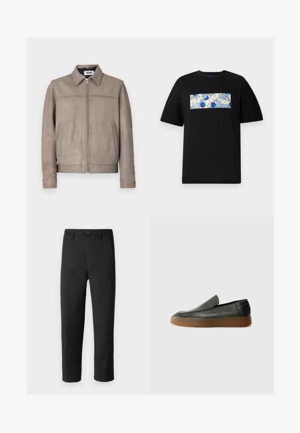 Jaqueta de couro castanho com gola clássica, fecho frontal por zíper e dois bolsos laterais, apresentando uma textura suave e um design minimalista.; T-shirt de algodão preta com um gráfico retangular em azul e creme, adornado com padrões circulares e rabiscos, concebido para um ajuste confortável.; Calças pretas com corte reto, feitas de um tecido liso. Apresentam um fecho de botão e passantes para cinto. Sem padrões ou detalhes visíveis.; Calvin Klein HYBRID CUP - Sapatos sem atacadores - after dark
