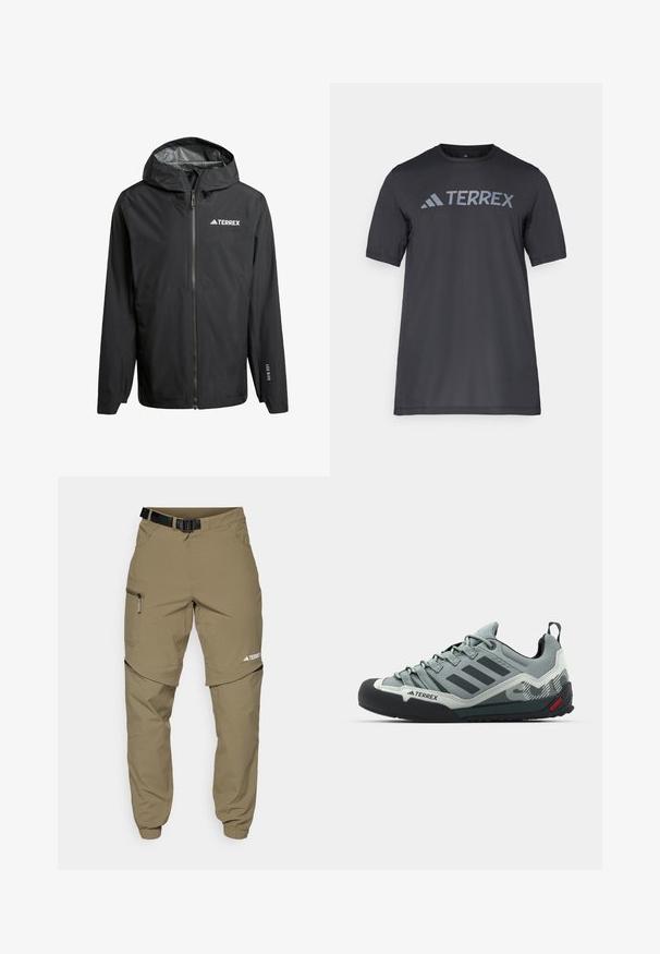 Casaco impermeável preto com capuz, fecho principal e logótipo "TERREX" no lado esquerdo do peito. Apresenta costuras reforçadas e punhos ajustáveis.; Camiseta preta de manga curta feita de tecido leve, com o logótipo cinza-claro "TERREX" atravessando o peito e um decote redondo.; Calças exteriores bege com cinto, bolsos laterais com fecho e punhos elásticos. Apresentam um design com fecho para destacá-las, proporcionando versatilidade e uma textura suave.; Chalkboard cinzas com um cabedal texturizado, bico de borracha preta, três riscas escuras e um pequeno destaque vermelho na sola.