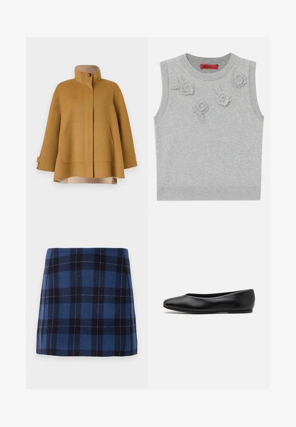 Senovinis geltonas vilnonis paltas su aukštu apykakle, dviem priekinėm kišenėm ir laisvu A formos siluetu. Yra smėlio spalvos pamušalas ir mygtukų uždarymas.; Šviesiai pilkas liemenės tipo megztinis be rankovių su gipiūro apykakle ir apačia. Priekyje yra trys tekstūriniai gėlių aplikacijos. Prekės ženklas: MAX&Co.; Tamsiai mėlynos ir jūros mėlynos spalvos languota mini sijonas, pagamintas iš minkštos medžiagos su šiek tiek tekstūruotu paviršiumi. Turi tiesų siluetą ir švarias linijas.; Paul Smith TOPANGA - Balerinos stiliaus laivutės - black