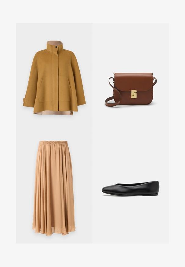 Un cappotto di lana giallo senape con un colletto alto, due tasche frontali e una silhouette ampia a forma di A. Presenta un rivestimento beige e chiusura con bottoni.; Pullover cropped beige chiaro con collo alto con zip, caratterizzato da un motivo testurizzato e polsini e orlo a coste. Combina materiali a maglia e tessuti.; Gonna maxi in beige chiaro, realizzata in tessuto fluido. Presenta una vita elastica arricciata e morbide pieghe per il movimento.; Paul Smith TOPANGA - Ballerine - black; Borsa a tracolla in pelle marrone con chiusura a pattina, hardware color oro, tracolla e una finitura liscia. Forma rettangolare compatta.