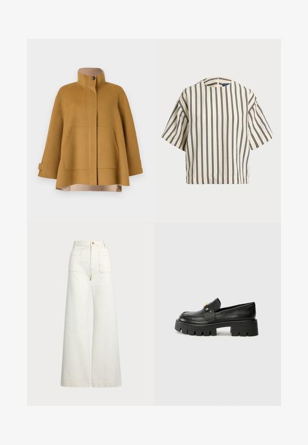 Sinepju dzeltenas vilnas mēteles ar augstu apkakli, divām priekšējām kabatām un brīvu A formas siluetu. Tam ir bēšs oderējums un pogu aizdare.; Kreklus, svītrainā blūze ar īsām piedurknēm, krēmkrāsā un tumši zilā tonī, ar apaļu apkakli un kvadrātveida dizainu, izgatavota no teksturētas auduma.; Platās kājas džinsi off-white denima. Augsta jostasvieta ar pogu aizdari, divas priekšējās kabatas un kontrastējošas šuvju detaļas.; Melni ādas mokasīni ar masīvu zoli, ar zeltaini akcentu priekšā un gludu apdari. Masīva protektora dizains uz zoles.