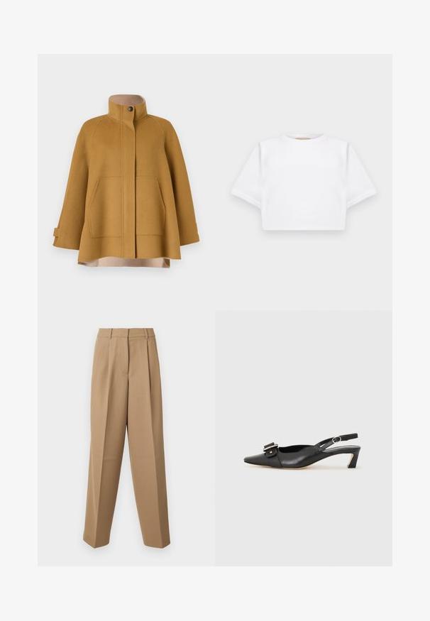 Senovinis geltonas vilnonis paltas su aukštu apykakle, dviem priekinėm kišenėm ir laisvu A formos siluetu. Yra smėlio spalvos pamušalas ir mygtukų uždarymas.; Trumpas baltas marškinėliai iš minkštos medžiagos, su trumpomis rankovėmis, apvaliu iškirpimu ir raukšlėtais hemų detalėmis. Paprastas ir be puošmenų dizainas.; Bežinės pritaikytos kelnės su aukštu liemeniu, raukšlėtu priekiu ir plačiomis kojomis. Audinys atrodo lygus, su nedideliu blizgesiu.; Juodas odinis slingback batelis su smailiu nosiu, maža pakulne ir dekoratyvine sagtimi viršuje. Lygus paviršius, minimalistas dizainas.