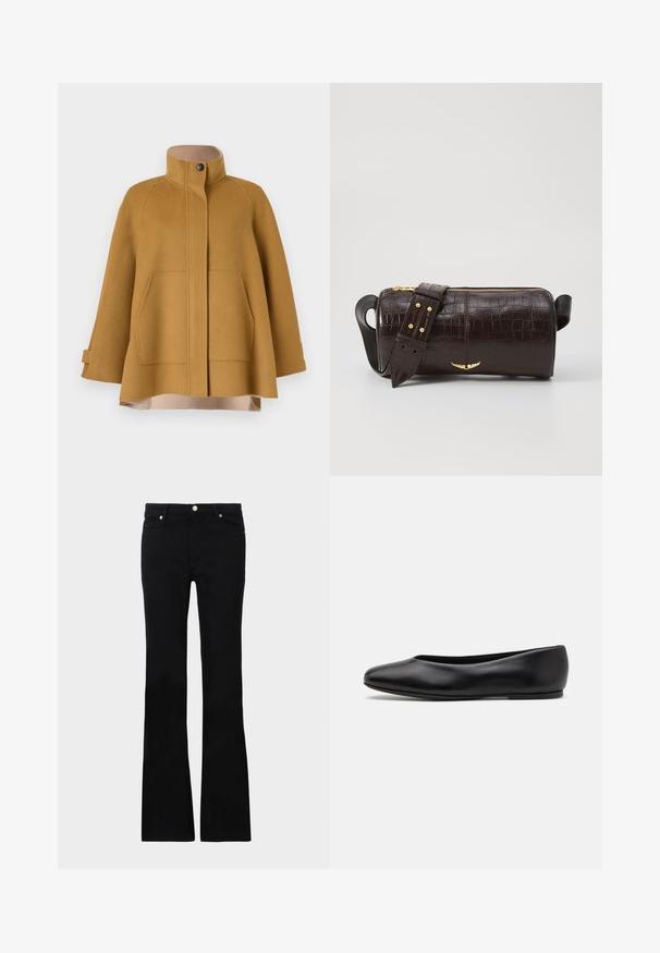 Um casaco de lã amarelo mostarda com um colarinho alto, dois bolsos frontais e uma silhueta solta em A. Apresenta um forro bege e fecho com botões.; Camisola de mangas longas, bege claro, com decote redondo. Feita de um tecido macio, apresenta uma costura central e uma bainha ligeiramente curva. Sem ferragens visíveis.; Calças pretas de ganga em corte flare, com dois bolsos frontais, fecho com botão e uma textura suave. Costura característica visível nas costuras.; Paul Smith TOPANGA - Sabrinas - black; Bolsa de couro com textura de crocodilo na cor marrom, com forma cilíndrica, metalizações em tom dourado e uma alça destacável com tachas.