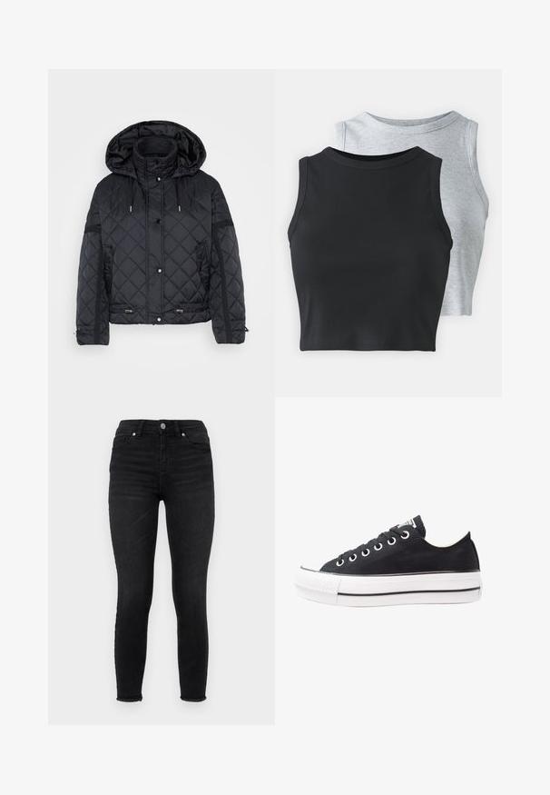 Jachetă neagră matlasată cu glugă, cu închidere frontală cu capse, șnururi, buzunare laterale cu fermoar și panouri texturate pe mâneci.; Even&Odd Petite 2 PACK - Top - light grey/black; Jeans negri skinny din denim, cu talie înaltă, buzunare frontale și un tiv desfăcut. Textură netedă cu un design clasic cu cinci buzunare.; Tenisi negri din pânză cu talpă din cauciuc alb, vârf rotund, design joas, ochiuri metalice și capac texturat la vârf. Dungi subțiri negre de-a lungul tălpii.