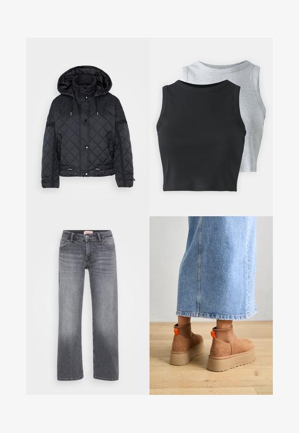 Juodas siuvinėtas švarkas su kapišonu, turintis priekinį snapelį, gumines juosteles, šoninius užtrauktukus kišenių ir tekstūruotas panele ant rankovių.; Even&Odd Petite 2 PACK - Viršus - light grey/black; Pilki džinsai su tiesiais džinsinių kojų dizainu, penkių kišenių stiliumi, subtiliu išblukimu ir sagčių uždarymu ties juosmeniu.; Rudos zomšiniai platforminiai batai su elastingomis šoniniais panirais ir oranžinėmis kilpomis, derinami su kelio ilgio šviesių džinsų sijonu ant medinių grindų.