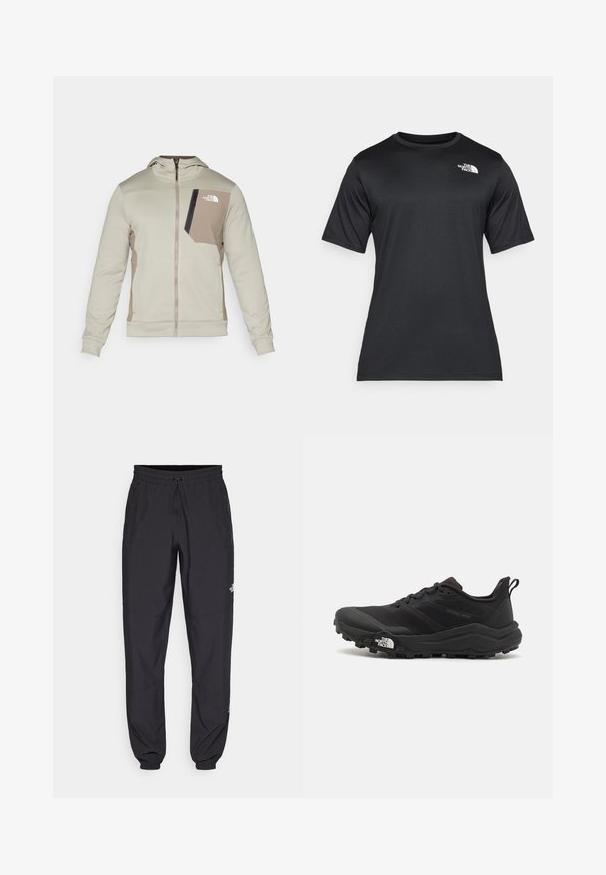 The North Face Fleecejakke - clay grey/cavern grey; Svart t-skjorte med korte ermer laget av lett, fukttransporterende stoff. Har en hvit logo på venstre bryst og rund hals.; Sorte idrettsbukser laget av lett stoff, med snor i livet, sidelommer og smale mansjetter ved anklene.; Svart terrengløpesko med teksturert overdel, gummisåle og forsterket tåhette. Har polstret krage og løftestropp for enkel påkledning.