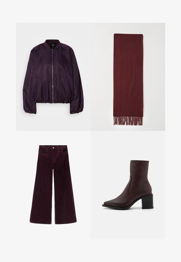 Veste bomber violet avec une texture lisse et brillante. Comprend une fermeture éclair à l'avant, un col côtelé et des poches latérales. Coupe décontractée, poignets froncés.; Pull-over en olive à manches longues avec col marin, poignets et ourlet côtelés, présenté à plat sur un fond blanc.; Pantalons en velours côtelé évasés en bourgogne profond, avec une taille haute, une fermeture à bouton et un design classique à cinq poches avec une texture côtelée.; Zign LEATHER - Bottines - bordeaux; Écharpe en laine bourgogne unie avec des extrémités frangées, posée à plat sur un fond blanc uni.; Tommy Hilfiger LIBRE FLAP CROSSOVER - Sac bandoulière - deep rouge