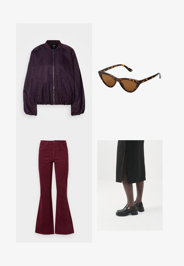 Lilla bomberjakke med en glat, skinnende tekstur. Har en lynlås foran, ribbet krave og sidelommer. Afslappet pasform, samlede manchetter.; JDY LORRAINE - Striktrøje - cement; Burgunderfløjeljeans med flammesnit, fem lommer, frontlukning med knap og struktureret stof. Flammerne strækker sig fra knæet til kant.; Sorte lædersko med rund tå, kraftig blokhæl og elastiske sideaccentuer, parret med mørke strømpebukser og en sort nederdel med slids.; Kat-ejede solbriller med en sort og orange skildpaddemønstret stel, brune linser og slanke, spidse ender. Har et minimalistisk logo på skabelsen.