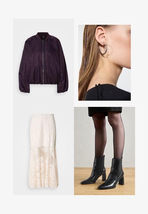 Purple bomber jacket with a smooth, shiny texture. Features a front zipper, ribbed collar, and side pockets. Relaxed fit, gathered cuffs.; Black tank top made from soft, stretchy fabric. Features a round neckline and wide shoulder straps, with a fitted silhouette and smooth texture.; Floral lace midi skirt in cream; features layered design with sheer sections, textured lace, and a flared hem.; Black leather ankle boots with a pointed toe, chunky square heel, and sleek design. Features elastic side panels for easy wear.; Silver hoop earring with a polished finish, featuring small gold accent details and a round shape, worn on the lobe.