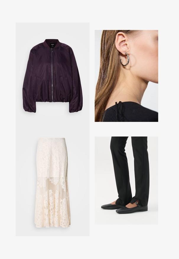 Purple bomber jacket with a smooth, shiny texture. Features a front zipper, ribbed collar, and side pockets. Relaxed fit, gathered cuffs.; Black tank top made from soft, stretchy fabric. Features a round neckline and wide shoulder straps, with a fitted silhouette and smooth texture.; Floral lace midi skirt in cream; features layered design with sheer sections, textured lace, and a flared hem.; Black leather ballet flats with a pointed toe, strap with silver buckle, paired with black tailored pants featuring a slit hem.; Silver hoop earring with a polished finish, featuring small gold accent details and a round shape, worn on the lobe.
