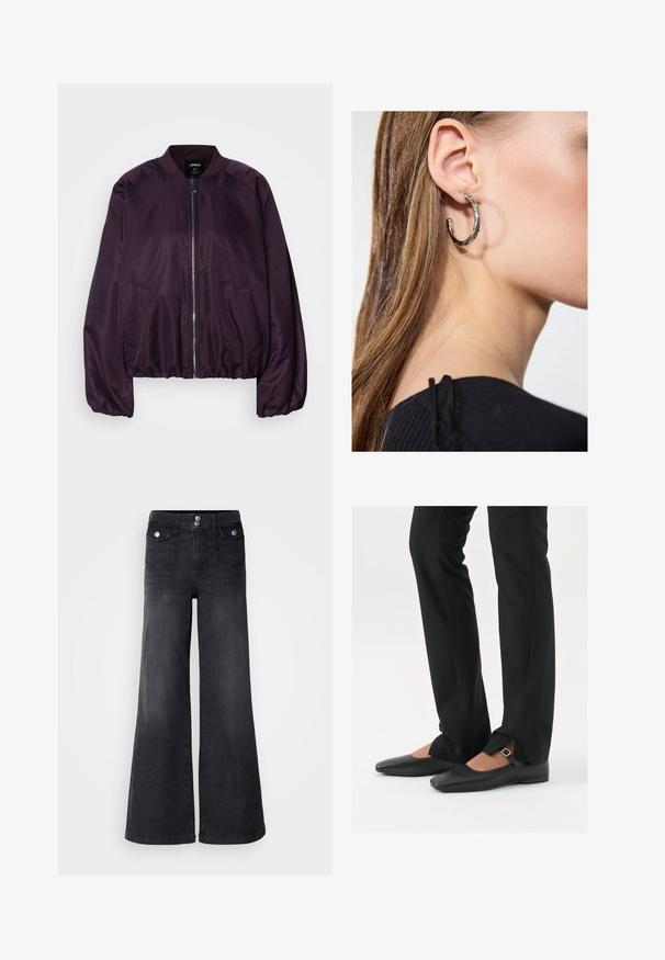 Purpura bombers jaka ar gludu, spīdīgu tekstūru. Aprīkota ar priekšējo rāvējslēdzēju, ribinātu apkakli un sānu kabatām. Brīvas formas, savelktas aproces.; Melnā top forma bez piedurknēm, kas izgatavota no mīksta, elastīga auduma. Iezīmes apaļa kakla izgriezuma un platām plecu lencēm, ar pieguļošu siluetu un gludu tekstūru.; Melni džinsi ar plašu kāju dizainu, augstu jostasvietu, priekšējiem pogām un divām priekšējām kabatām; gluda tekstūra ar nelielu izbalēšanas efektu.; Melni ādas baleta zābaki ar smailo purngalu, siksniņa ar sudraba sprādzi, kombinēti ar melniem tailētiem biksēm ar šķēluma apakšdaļu.; Sudraba auskars ar pulētu apdari, ar maziem zelta akcentiem un apaļu formu, uz ausu ļipiņas.