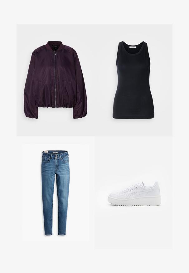 Giacca bomber viola con una texture liscia e lucida. Presenta una zip frontale, colletto a coste e tasche laterali. Vestibilità rilassata, polsini arricciati.; Top nero senza maniche realizzato in un tessuto morbido e elasticizzato. Caratterizzato da un collo rotondo e spalline larghe, con una vestibilità aderente e una superficie liscia.; Jeans skinny a vita alta in denim azzurro chiaro. Presentano cinque tasche, chiusura con bottone frontale e un classico dettaglio di cucitura in tutta la superficie.; Sneaker piattaforma bianche con texture in pelle liscia, dettagli perforati e lacci piatti; presenta una robusta suola in gomma bianca.