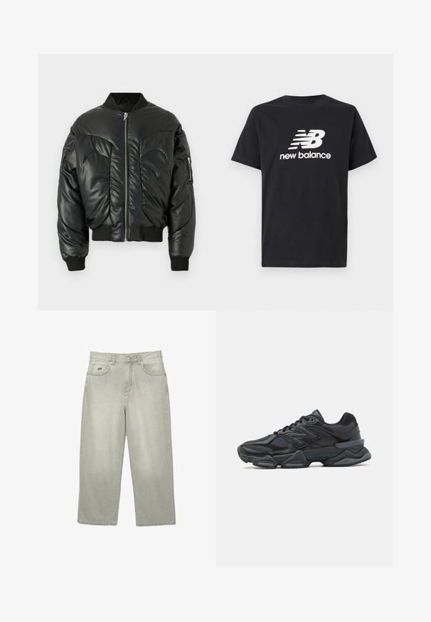Čierna vypchávkovaná bomber bunda s vysokým golierom, zipsom, pružnými manžetami a bočnými vreckami, s hladkou koženou štruktúrou a zakriveným prešívaním.; Čierne bavlnené tričko s krátkymi rukávmi a okrúhlym výstrihom, na prednej strane s bielym logom New Balance a grafickým dizajnom.; Svetlošedé rovné džínsy s prednými vreckami, pútkami na opasok a gombíkovým zapínaním.; Čierna bežecká obuv so zmesou sieťoviny a syntetických materiálov, robustnou podrážkou, zakriveným dizajnom a výrazným logom na boku.