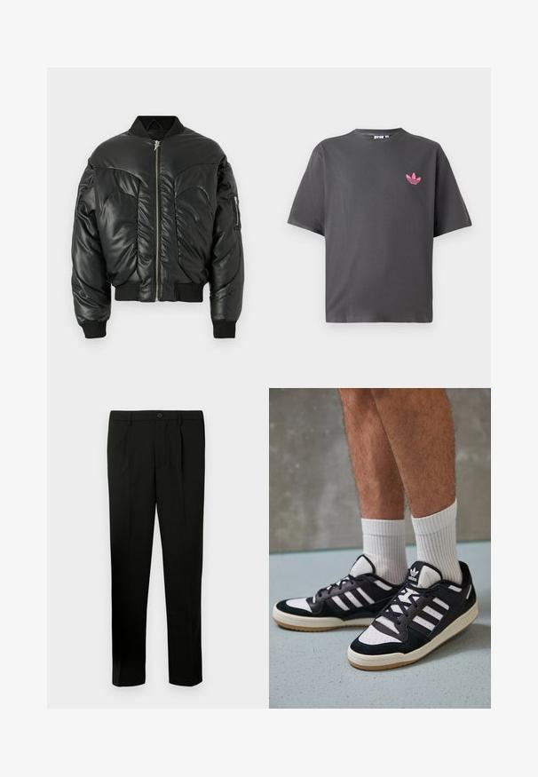 Must must-materjalist bomber-jakk, millel on kõrge krae, lukuga kinnitamine, soonikust mansetid ja küljetasku, millel on sile nahk tekstuur ja kaarjad õmblused.; Tumedashalline lühikeste varrukatega T-särk, millel on vasakul rinnal väike roosa Adidas trefoil logo, esitatud valge tausta ees.; Mustad kohandatud pükste sirge säärega, lame ees, kahe voldiga, nööbiga kinnitamine ja küljetaskud. Valmistatud sileda materjali. ; Mustvalged ja valged spordijalatsid, mille pealmine osa on valmistatud suede'ist ja nahast. Kingadel on kolm valget riba, auguline varvas ja kummist tald.