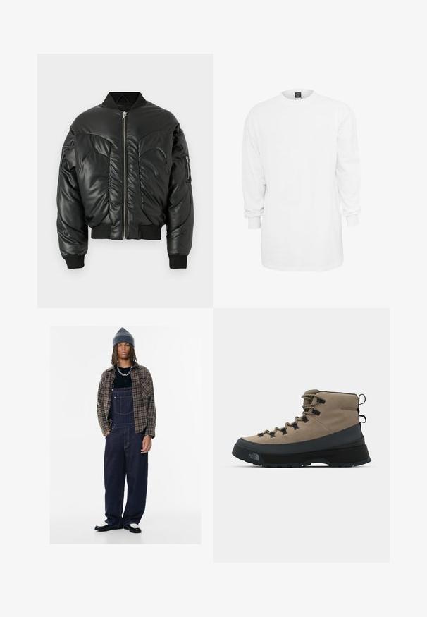 Giacca bomber nera imbottita con colletto alto, chiusura con zip, polsini a costine e tasche laterali, che presenta una texture in pelle liscia e dettagli di cuciture curve.; Maglietta a maniche lunghe bianca in cotone con scollo rotondo, vestibilità ampia e polsini a costine. Design semplice, senza grafiche o motivi.; Pettorina in denim di colore blu scuro con tasche laterali, indossata con una maglietta nera e una camicia a quadri marrone. Berretto lavorato a maglia grigio e scarpe a contrasto.; Stivali da trekking marroni e neri con design a lacci, materiale superiore resistente e suola testurizzata per una buona aderenza su vari terreni.