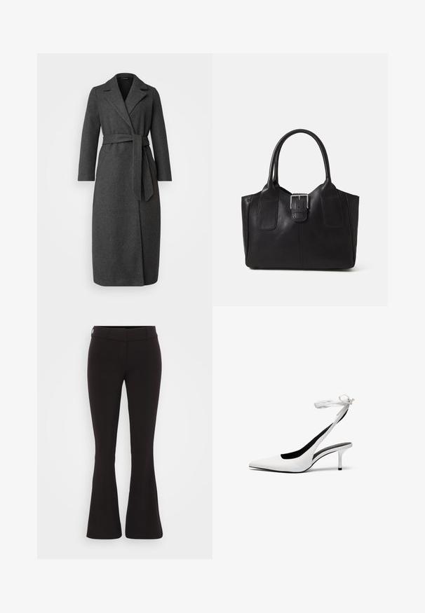 Garšs tumši pelēks vilnas auduma mētelis ar apkakli, jostu viduklī un sānu slīpumiem. Gluda tekstūra ar minimālu apdari uz kabatām.; Even&Odd Petite 2 PACK - Pamata T-krekls - white/black; Melnas saplacinātas bikses, izgatavotas no gludas auduma, ar pieguļošu jostu, minimālu šuvju un diskrētu jostu cilpu detaļu.; Baltas, ar norādītu pirkstu, ar siksniņu ap potīti. Gluda ādas virsma, plāns stiletto papēdis un melna iekšējā oderējums.; Melnas ādas somiņa ar gludu tekstūru, strukturētu formu, divām rokturām un izteiktu sudraba sprādzi priekšpusē.