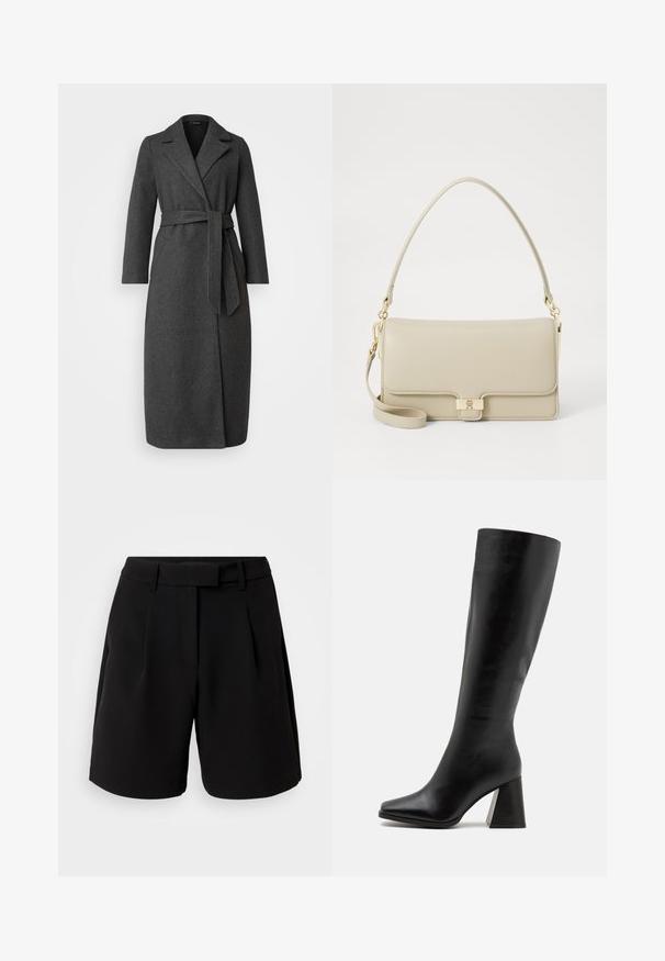 Dlhý tmavošedý kabát z vlnenej zmesi s golierom, opásaným pásom a postrannými rozparačmi. Hladká textura s minimálnymi detailmi na vreckách.; Krátky rukáv polo tričko v krémovej farbe s horizontálnymi pruhmi v hnedej a svetlomodrej farbe. Má klasický golier a trojradový zapínací systém.; Čierne strihané šortky, vyrobené z hladkej tkaniny, s vysokým pásom, záhybmi, pútkami na opasok a bočnými vreckami, s čistým a prestrihnutým dizajnom.; Čierne kožené vysoké čižmy po kolená s hladkým povrchom, so štvorcovou špičkou a robustným, textúrovaným opätkom. Jednoduchý a elegantný dizajn.; Bežová kožená kabelka so štruktúrovaným tvarom, s kovovým zlatým uzatváraním a odnímateľným ramenným popruhom. Hladká textura a minimalistický dizajn.