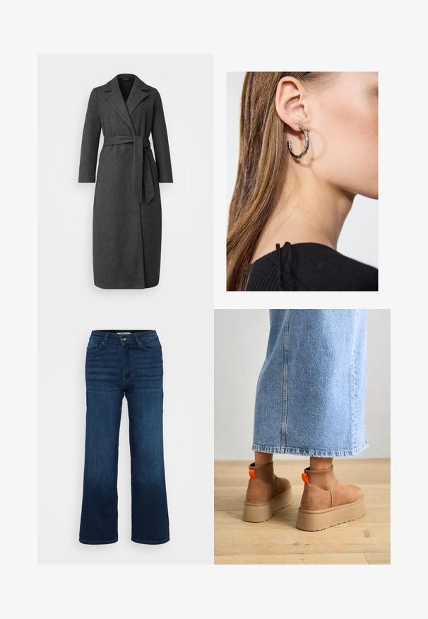 Hosszú sötét szürke gyapjú keverék kabát, gallérral, övvel a deréknál és oldalsó hasítékokkal. Simább textúra minimális részletezéssel a zsebeknél.; Even&Odd Petite 2 PACK - Felső - light grey/black; ONLY Petite ONLMADISON BLUSH WIDE - Széles szárú - dark blue denim; Barna velúr platform csizmák elasztikus oldalsó panelekkel és narancssárga húzófülekkel, amelyek egy térdközépig érő világoskék farmer szoknyával vannak párosítva egy fás padlón.; Ez egy ezüst fülbevaló, sima felülettel, amelyen apró arany díszítőelemek találhatók. Kerek formájú és a fülcimpán viselik.