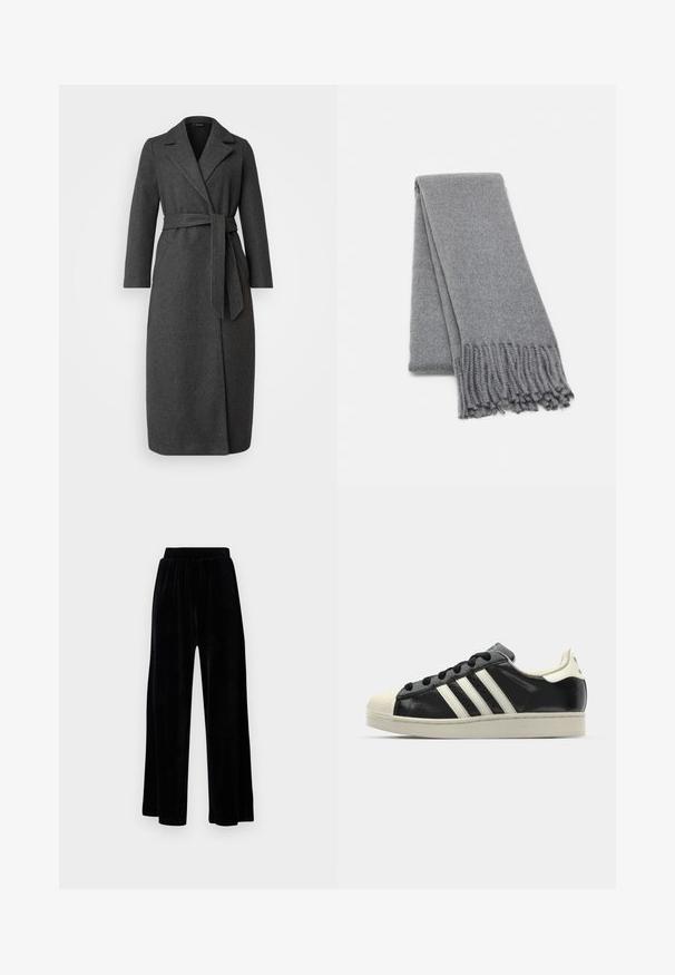 Długi, ciemnoszary płaszcz z mieszanki wełny z kołnierzem, z paskiem w talii i bocznymi rozcięciami. Gładka tekstura z minimalnymi detalami przy kieszeniach.; Jasnoszara, długorękawowa koszulka z miękkiej bawełny. Posiada luźny krój, okrągły dekolt oraz delikatnie marszczone mankiety. Brak wzorów i grafik.; Czarne spodnie z szerokimi nogawkami wykonane z miękkiego weluru, z elastycznym pasem i gładką fakturą, bez widocznych detali czy wzorów.; Czarne skórzane trampki z białymi paskami, gumowym czubkiem, czarnymi sznurówkami i kremową podeszwą. Gładka faktura z połyskującym wykończeniem.; Szary wełniany szal o miękkiej fakturze, z frędzlami na krawędziach i prostym wzornictwem. Starannie złożony, ukazujący swój wydłużony kształt.