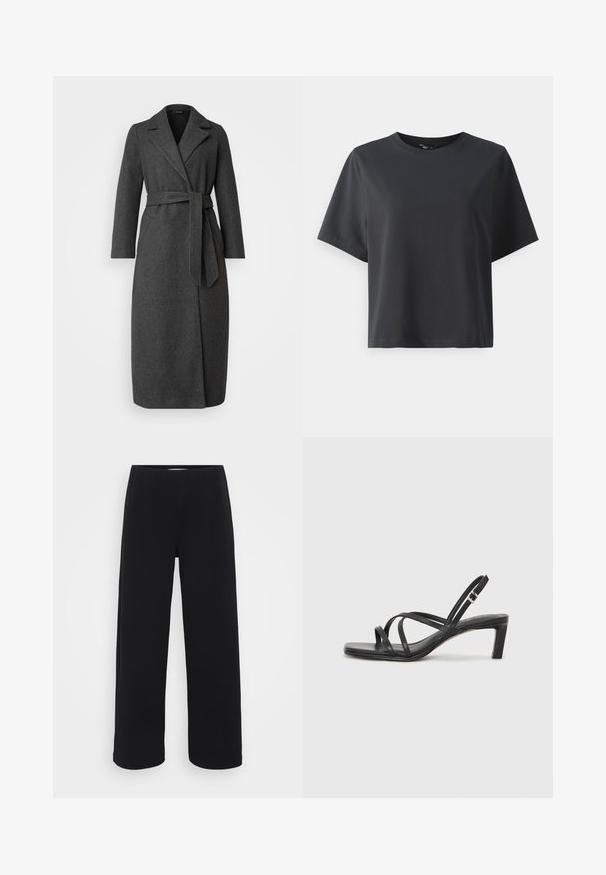 Lang mørk grå ullblandingsfrakk med krage, belte i midjen og sidespalte. Glatt tekstur med minimal detaljering på lommene.; Svart bomull T-skjorte, korte ermer, rund hals, avslappet passform, jevn tekstur, enkel design, ingen mønstre eller aksenter.; Svart bukser med vid benvidde og elastisk midjebånd. Laget av et strukturert materiale, med en løs passform og rett snitt fra hoftene til sømmen.; Sorte sandaler med stropper, firkantet tå og lav blokk hæl. Har flere tynne stropper og en justerbar ankelstropp. Laget av glatt lær.