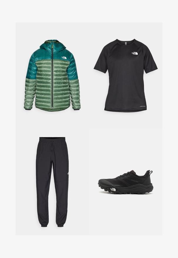 Izolovaná bunda s kapucňou v dizajne s farebnými blokmi v zelenej a tyrkysovej farbe. Obsahuje zips a elastické manžety, vyrobená z lesklého nylonového materiálu.; Čierne športové tričko s krátkym rukávom z texturovanej látky, s bielym logom na ľavej hrudi a rovným lemom.; Čierne športové nohavice vyrobené z ľahkej tkaniny, s elastickým pásom na šnurovanie, bočnými vreckami a zúženými manžetami na členkoch.; Čierne trailové behacie topánky s štruktúrovaným zvrškom, gumovou podrážkou a vystuženou špičkou. Obsahuje polstrovaný golier a úchyt na jednoduché obúvanie.