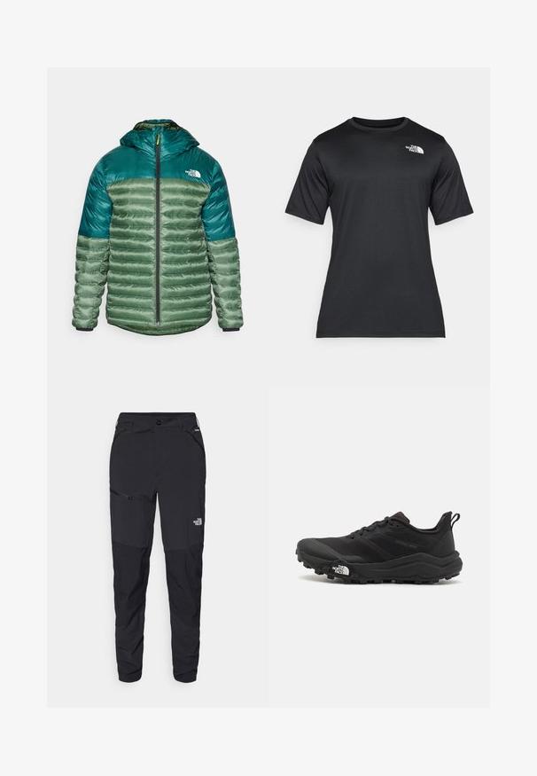Μονωμένο μπουφάν με κουκούλα και σχέδιο σε πράσινο και τυρκουάζ χρώμα. Διαθέτει κλείσιμο με φερμουάρ και ελαστικούς καρπούς, κατασκευασμένο από γυαλιστερό νάιλον υλικό.; Μαύρη κοντομάνικη μπλούζα φτιαγμένη από ελαφρύ, υφασμάτινο αντιακατακλυσματικό ύφασμα. Διαθέτει λευκό λογότυπο στο αριστερό στήθος και κλειστό λαιμό.; Μαύρα εξωτερικά παντελόνια με στενή γραμμή, φτιαγμένα από ανθεκτικό ύφασμα. Περιλαμβάνουν τσέπες με φερμουάρ και διακριτική σήμανση στο μπροστινό πόδι.; Μαύρο αθλητικό παπούτσι τρεξίματος με υφασμάτινο άνω μέρος, καουτσούκ σόλα και ενισχυμένη μύτη. Διαθέτει επενδεδυμένο κολάρο και θηλιά στα πίσω για εύκολη φορεσιά.