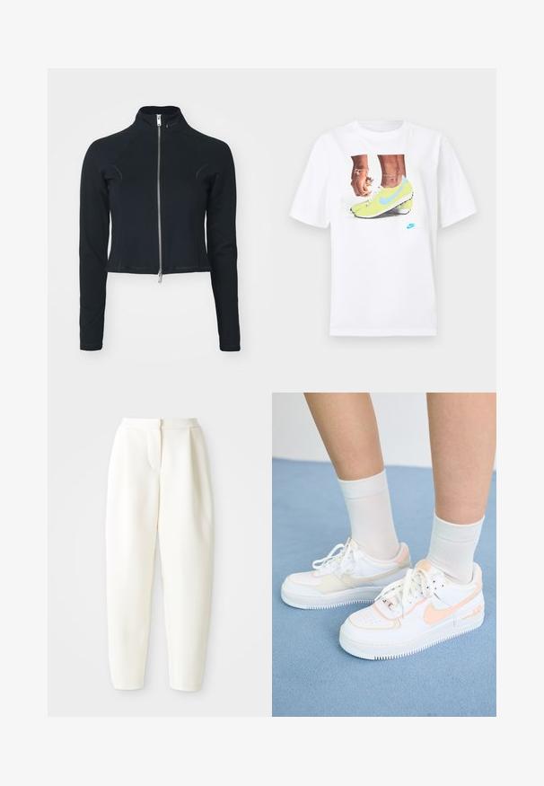Melnā jaka, kas izgatavota no gludas auduma, ar augstu apkakli un pilnu rāvējslēdzēju, garām piedurknēm un īsu dizainu. Vienkrāsaina, bez rakstiem.; Balts kokvilnas T-krekls ar grafiku, kurā attēloti zili akcentēti dzelteni Nike zābaki un kreisajā rokā valkāta rokassprādze.; Augstas jostas līnijas, sašaurināti balti bikses ar slēptu priekšējo aizdari un sānu kabatām, attēloti uz vienkrāsaina balta fona.; Baltas brīvlaika apavi ar persiku akcentiem, gluda ādas virsma, perforēts purngals, strukturēta zole un šnūrītes. Valkāti ar baltām augstām zeķēm uz zilas virsmas.