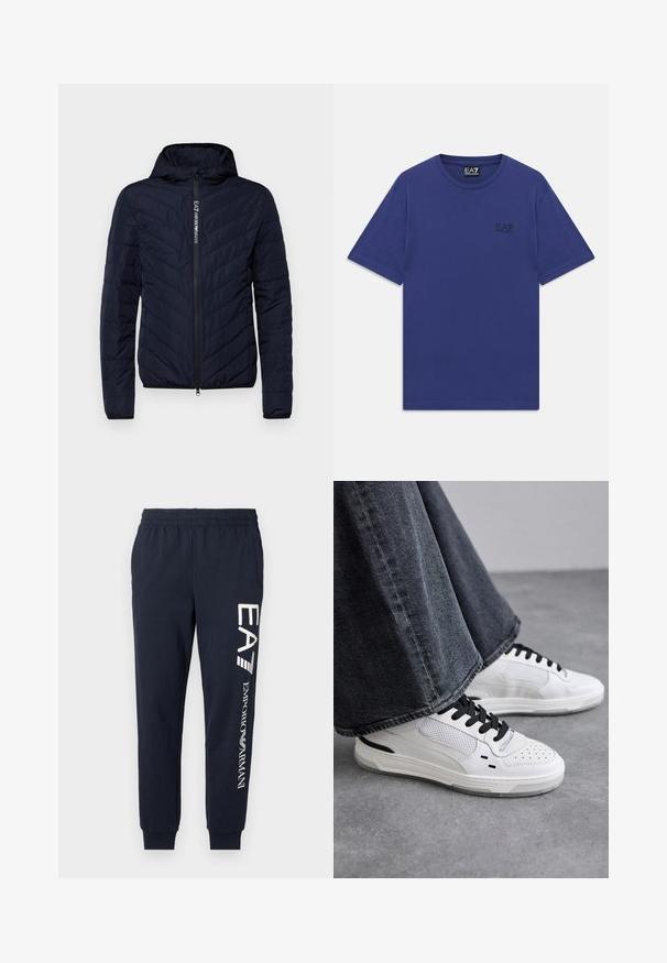 Navy blue puffer jacket with a hood and front zipper, featuring chevron quilting and a logo on the zipper tape, made of lightweight material.; Plain blue short-sleeve crew neck T-shirt with small black EA7 Emporio Armani logo on the left chest.; Navy blue cotton joggers with an elastic waistband, tapered legs, and contrasting white EA7 and Emporio Armani logos printed along the side.; White sneakers with black laces and mesh detailing. Features a smooth leather upper and a textured rubber sole. Paired with wide-leg grey jeans.