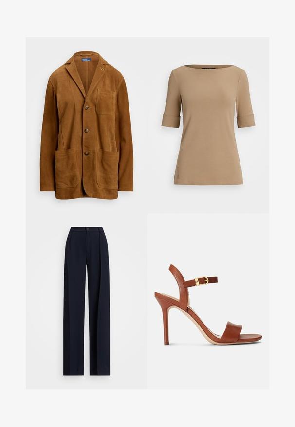 Brūns zamšs žakets ar atlocītu apkakli, trim pogām un divām lielām priekšējām kabatām. Iekļauj uzšuvumu detaļas un vienu krūšu kabatu.; Bežs īsām piedurknēm tops ar apaļu kakla izgriezumu, kas piedāvā ruļļveida piedurknes un gludu tekstūru. Mazs logo elements pie apakšmalas.; Jūras spēku plati bikses ar krokām, pogu aizdari un gludu auduma tekstūru. Izstrādātas brīvai, ērtai piegulšanai.; Biezie ādas augstpapēžu sandalītes ar elegantu dizainu, regulējamu potītes siksniņu un diskretu zelta sprādzi. Atvērtā purngala un gluda tekstūra.