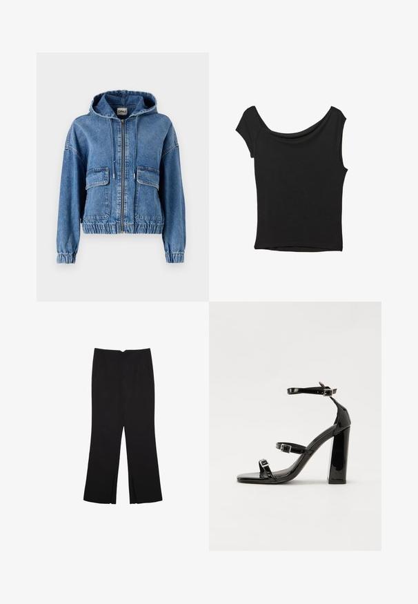 Denimjacka med huva, två framfickor, dragkedjestängning, elastisk midja och resårärmar. Ljust blått tyg med en blekt finish.; Svart kortärmad topp i slät tyg; har en draperad halsringning och asymmetrisk nederkant, med en figursydd kropp.; Svarta byxor med rak passform, utrustade med framfickor och sidoklyvningar vid fållen. Tillverkade av mjukt, slätt tyg. Lämpliga för olika tillfällen.; Svarta lackerade klacksandaler med fyrkantig tå, ankelremmar och silverfärgade spännen. Har en kraftig blockklack för stabilitet.