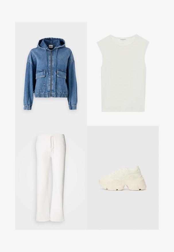 Jeans jakna s kapuco, dvema sprednjima žepoma, zadrgo, elastičnim pasom in nabranimi rokavi. Svetlo modra tkanina z zbledelim videzom.; Bela brezrokavnica s okroglim izrezom. Narejena iz gladkega materiala, ima sproščen kroj in minimalističen dizajn. Brez vzorcev ali okrasnih elementov.; Bela, sproščena trenerka iz mehkega blaga, z elastičnim pasom in vrvico ter naravnim krojem nogavic.; Debele bele športne copate, izdelane iz teksturirane mrežaste in sintetične materialov, z debelim podplatom in zapletenimi vzorčičnimi detajli ob straneh.