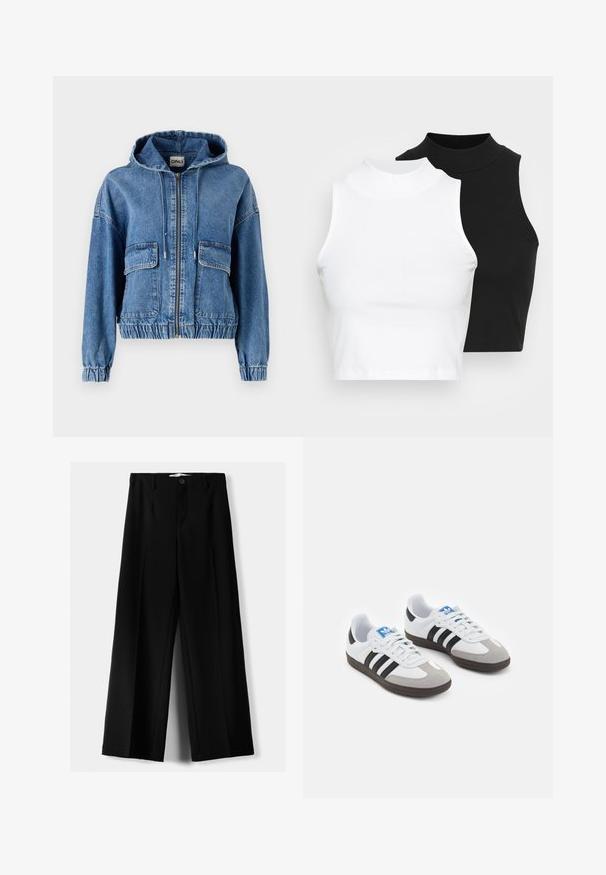 Farkkutakki hupulla, joissa on kaksi etutaskua, vetoketjusuljenta, elastinen vyötärö ja kerätty hihansuu. Vaaleansininen kangas, jossa on haalistunut viimeistely.; Kaksi hihattomaa ribattua kauluspaitaa mustana ja valkoisena, joissa on istuva muotoilu ja sileä rakenne, sekä lyhyt pituus.; Mustat leveälahkeiset housut, jotka on valmistettu kevyestä kankaasta. Housuissa on etunappikiinnitys ja tasainen etuosa, sekä huolellisesti ommellut helmat.; Urheilukengät, joissa on valkoinen nahkainen päällinen, harmaa mokkanokka ja kolme mustaa raitaa. Ominaisuuksina sininen logo kielekkeessä ja kuvioitu kumipohja.