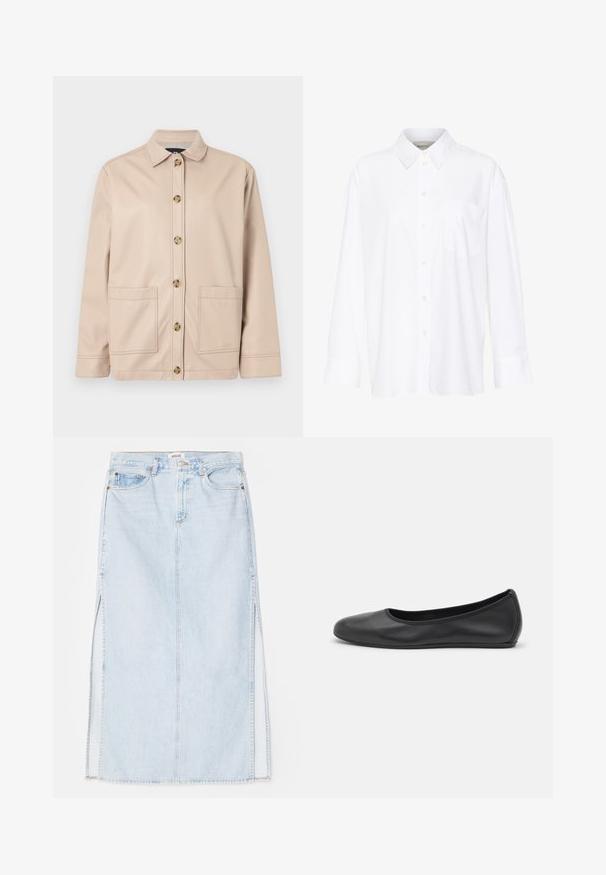 Beige Jacke aus glattem Stoff, mit Kragen, vorderer Knopfleiste und zwei großen aufgesetzten Taschen.; Weißes Langarmhemd mit Kragen aus Baumwolle. Verfügt über eine durchgehende Knopfleiste und eine Brusttasche. Glatte Textur, lockere Passform.; Hellblaue Jeans-Maxi-Rock mit geradem Schnitt, ausgestattet mit seitlichen Schlitzen und einem Fünf-Taschen-Design. Auffällige Nähte und Metallschnappverschluss.; Schwarze Leder-Ballettschuhe mit abgerundeter Spitze, glatter Textur, minimalen Nähdetails und einem flexiblen Sohlen-Design.