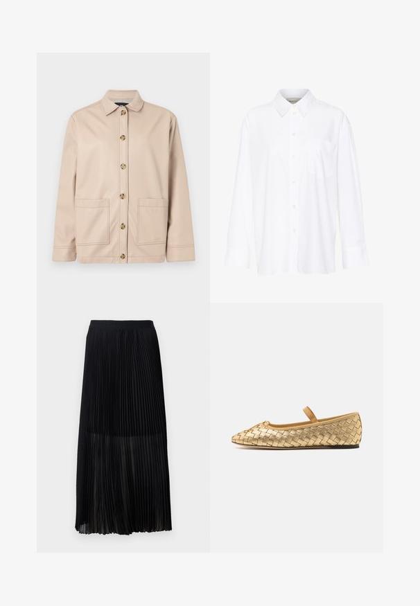 Beige Jacke aus glattem Stoff, mit Kragen, vorderer Knopfleiste und zwei großen aufgesetzten Taschen.; Weißes Langarmhemd mit Kragen aus Baumwolle. Verfügt über eine durchgehende Knopfleiste und eine Brusttasche. Glatte Textur, lockere Passform.; Schwarzer, plissierter Midirock mit einem glatten, elastischen Bund und einer durchsichtigen Überlagerung, die feine vertikale Falten im gesamten Stoff aufweist.; Loeffler Randall LEONIE SOFT BALLET FLAT - Riemchenballerina - gold