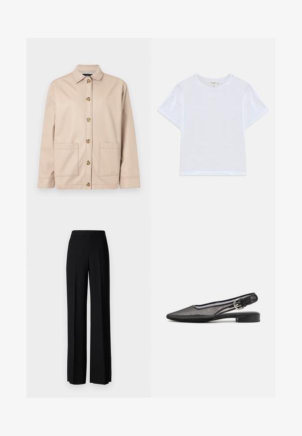 Smėlinis švarkas, pagamintas iš lygaus audinio, su apykakle, priekyje užsegamas mygtukais, ir dviem didelėmis kišenėmis.; Baltas trumpas marškinėliai iš minkštos medvilnės, su apvaliu iškirpimu ir trumpomis rankovėmis, šiek tiek laisvo kirpimo. Be raštų ar akcentų.; Juodi platūs kelnių kelnės su lygiu paviršiumi, turinčios aukštą liemenį ir centrinės raukšlės. Nėra matomų raštų ar metalinių detalių.; rag & bone ASTRA SLINGBACK - Balerinos stiliaus laivutės su kulno dirželiu - black