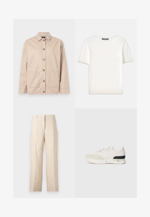 Béžová bunda z hladkej látky, s golierovým výstrihom, predným zapínaním na gombíky a dvoma veľkými našitými vreckami.; Biele krátke rukávy pletené tričko s okrúhlym výstrihom, ktoré má jemnú textúru a nenápadné rebrované detaily na rukávoch a leme.; Béžové ľanové nohavice vo voľnom strihu, s plisovaným predným dielom a rovnými nohavicami. Majú pás s pútkami na opasok a bez viditeľných vreciek.; Biele tenisky so štruktúrovanou semišovou špičkou, hladkým sieťovinovým zvrškom, dekoratívnymi šnúrkami a čiernym gumovým akcentom na päte.