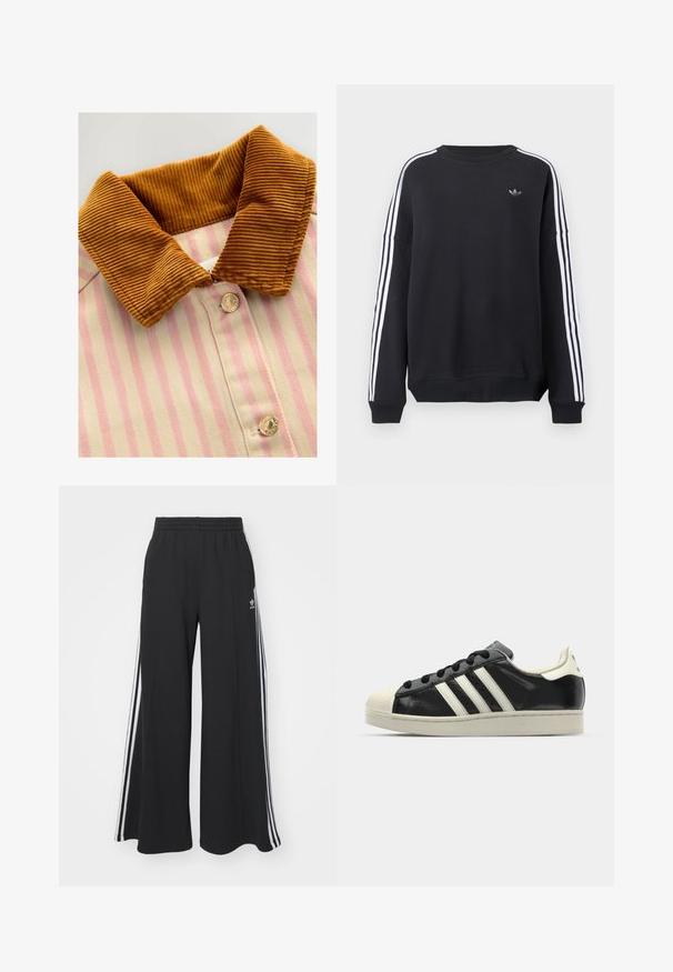 Kaelusega särk, millel on pruunid kangast kaelused, roosa ja kreemja vertikaalse triibuga ning metallist nööbid. Tekstuuride kontrast kaeluse ja keha vahel.; Mustad dressipluus pikkade varrukatega, valged triibud jooksevad mõlemal käel alla ning rinnal väike hall logo. Puuvillane materjal, igapäevane lõige.; Mustad laiad trenni püksid elastse vöökohtaga, millel on valged küljeribad ja tikitud logo vasakul reiel.; Must have nahkased mustad tossud valgete triipudega, kummist varbakattega, mustade paeltega ja kreemika värvusega tallaga. Sile tekstuur ja läikiv viimistlus.