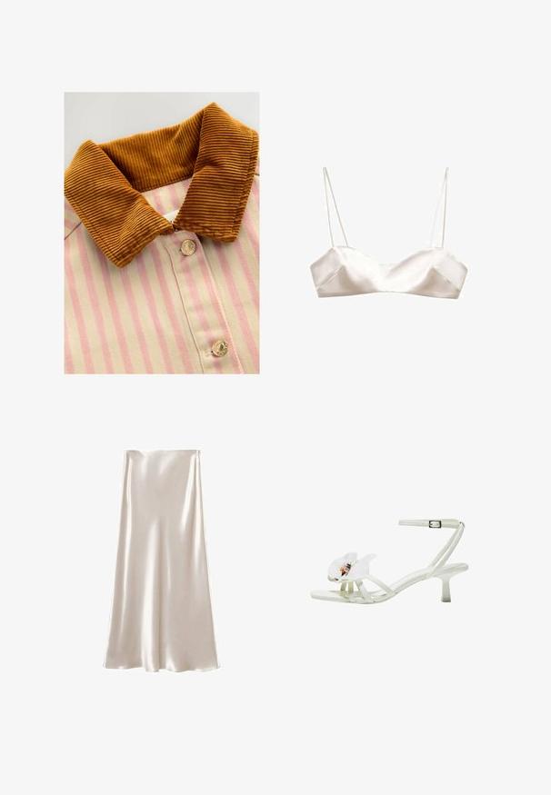 Košile s límcem v hnusé kordové textuře, s růžovými a krémovými vertikálními pruhy a kovovými knoflíky. Textura kontrastuje mezi límcem a tělem košile.; Satinová braletka ve světlé slonovinové barvě, s tenkými ramínky, strukturovaným designem a mírným tvarováním do V v přední části, s hladkou texturou.; Saténová midi sukně v krémové barvě, s hladkým, lesklým povrchem a A-liniovým střihem. Jednoduchý design bez dalších dekorací.; Bílé sandály na podpatku vyrobené z texturovaného materiálu, s širokým květinovým akcentem na špičce, tenkými řemínky a středním jehlovým podpatkem.