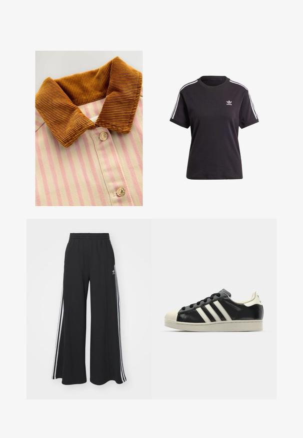 Krekls ar apkakli, kam ir brūna kordūras apkakle, rozā un krēmkrāsas vertikālas svītras un metāla pogas. Tekstūras kontrasts starp apkakli un krekla ķermeni.; Melna kokvilnas t-krekls ar īsām piedurknēm un apaļu kakla izgriezumu, ar baltām svītrām uz pleciem un mazu baltu Adidas logo uz krūtīm.; Melnas plašas sporta bikses ar elastīgu jostasvietu, kurām ir baltas sānu svītras un izšūts logo kreisajā augšstilbā.; Melna ādas sporta apava ar baltām svītrām, gumijas purngala aizsardzību, melnām auklām un krēma krāsas zoli. Gluda tekstūra ar spīdīgu apdari.