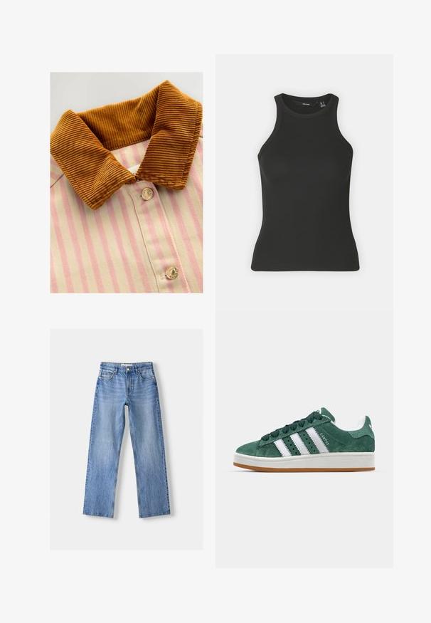Košile s límcem v hnusé kordové textuře, s růžovými a krémovými vertikálními pruhy a kovovými knoflíky. Textura kontrastuje mezi límcem a tělem košile.; Černý žebrovaný top bez rukávů s vysokým výstřihem. Má přiléhavý střih a jemnou strukturu.; Svetle modré džínové kalhoty s rovnými nohavicemi, s pěti kapsami, předním zapínáním na knoflík a jemným opráním pro texturu.; Zelené semišové tenisky s bílými koženými pruhy, gumovou podrážkou, polstrovaným límcem a minimalistickým designem. Na boku se nachází logo značky.