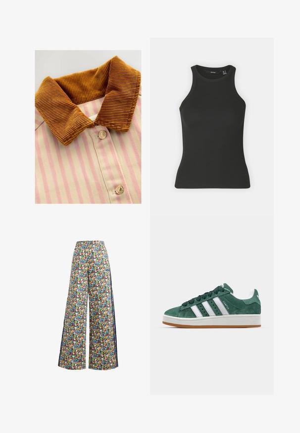 Kaelusega särk, millel on pruunid kangast kaelused, roosa ja kreemja vertikaalse triibuga ning metallist nööbid. Tekstuuride kontrast kaeluse ja keha vahel.; Must mustriba tank ülikond, millel on kõrge kaelus ja ilma varrukateta disain. Omab kaunist siluetti ja pehmet tekstuuri.; Laiad lillemustriga püksid sinisel taustal, kus on värvikas mustrin punaste, kollaste ja siniste lilledega ning elastne vöökoht.; Roheline sametist tossud valgete nahkrihmadega, kummist tallaga, pehmendatud kraega ja minimalistikku disainiga. Küljel on brändi tähistus.