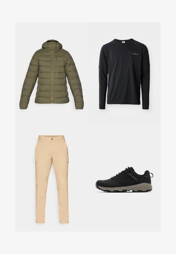 Olīvu zaļš pufīgs ziemas mētelis ar kapuci, priekšējo rāvējslēdzēju, krūšu kabatu un sānu kabatām, kas izstrādāts siltumizolācijai un siltumam.; Columbia COLUMBIA TECH™ LONG SLEEVE CREW - Tops ar garām piedurknēm - black; Beige kravas bikses ar pogu aizdari, šauru piegriezumu, sānu kabatām un gludu kokvilnas maisījuma audumu. Nav pamanāmu rakstu vai akcentu.; Melnas pārgājienu kurpes ar gludu virsu, perforētu dizainu, pelēku zoli un nostiprinātu papēdi. Iekļauj auklas un cilpu vieglai uzvilkšanai.