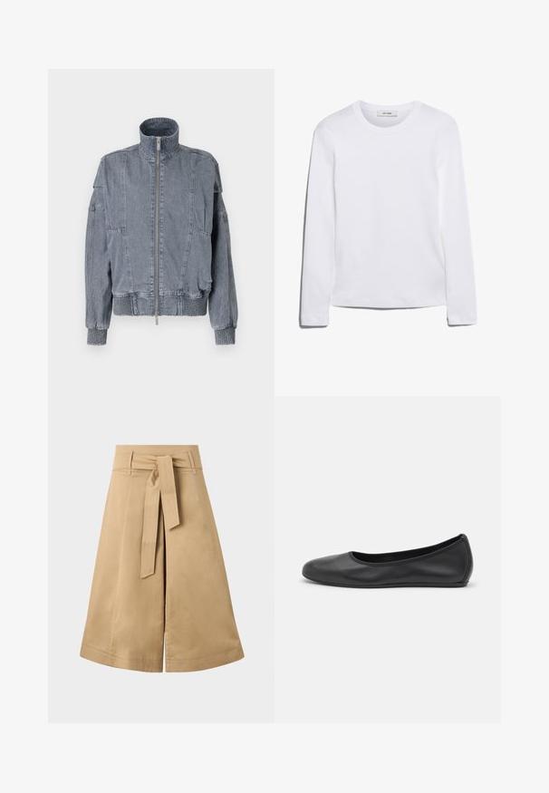 Lys blå denimjakke med høy krage, frontglidelås, elastisk midje og teksturerte mansjetter. Har paneldesign og sidelommer.; Langermet hvit T-skjorte laget av ribbet bomull, med rund halslinning og rett kant. Enkel design uten mønstre eller aksenter.; Kaki midi omslagskjørt med bånd i midjen, laget av lett bomull, med en utpreget silhuett og synlige sømdetaljer.; Svart skinnballettflatt med rund tå, glatt tekstur, minimal sømdetalj, og et fleksibelt såledesign.