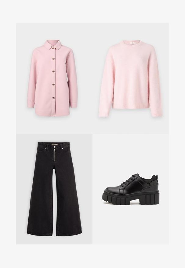 Camisa de botão rosa claro, feita de um tecido macio, com colarinho, mangas longas e seis botões castanhos na frente.; Gina Tricot CREW NECK - Camisola - primrose pink; Calças de ganga de perna larga em denim preto com fecho éclair à frente, design de cinco bolsos e detalhes de costura subtil. Textura suave e estilo casual.; Sapatos de plataforma em couro preto com um salto bloco robusto, bico redondo e design clássico de atacadores. Apresentam uma textura suave e detalhes mínimos.