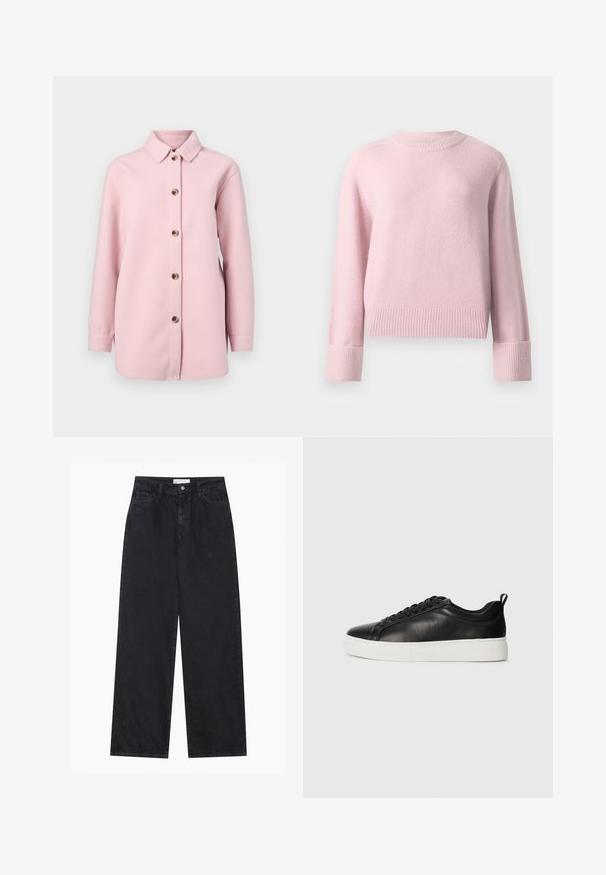 Světle růžová košilová bunda vyrobená z měkké látky, se límečkem, dlouhými rukávy a šesti hnědými knoflíky vpředu.; Měkký růžový svetřík s kulatým výstřihem a dlouhými rukávy, s žebrovanými manžetami a lemem, zobrazený na jednobarevném bílém pozadí.; Černé dámské džíny s vysokým pasem, širokými nohavicemi, předním zapínáním na knoflík a zip, poutky na opasek a klasickou pětikapsovou stylistikou.; Černé nízké kožené tenisky s černými tkaničkami a bílou silnou gumovou podrážkou, zobrazené z vnější strany na bílém pozadí.