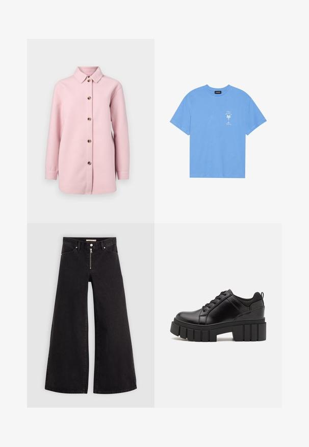 Vaaleanpunainen nappikauluspaita, joka on valmistettu pehmeästä kankaasta. Siinä on kaulus, pitkät hihat ja kuusi ruskeaa nappia edessä.; Vaaleansininen puuvillainen t-paita, jossa on pyöreä kaula-aukko. Vasemmassa rintakehässä on valkoinen graafinen kuva palmuesta ja teksti. Lyhyet hihat.; Mustat leveälahkeiset farkut, joissa on vetoketjufrunti, viisi-taskuinen muotoilu ja hienovaraiset ompelusyyt. Sileä pinta ja rento tyyli.; Mustat nahkakengät, joissa on lättihenkinen korko, pyöreä kärki ja perinteinen nauhakiinnitys. Ominaisuuksiin kuuluu sileä pintakuvio ja minimaalinen yksityiskohtaisuus.